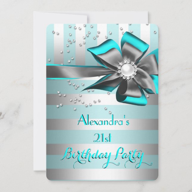 Invitation Turquoise Aqua Silver Stripe Bow Pearl fête d'anni (Devant)