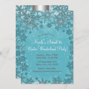 Invitation Turquoise Aqua Snowflakes Winter Wonderland Party