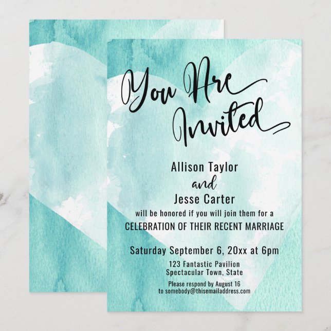 Invitation Turquoise Aquarelle Blanc Coeur Vous Êtes Invité (Devant / Derrière)
