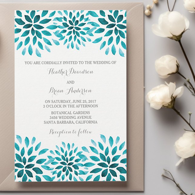 Invitation Turquoise Aquarelle Chrysanthèmes Mariage Invitati (Teal Watercolor Chrysanthemum Wedding Invitation)