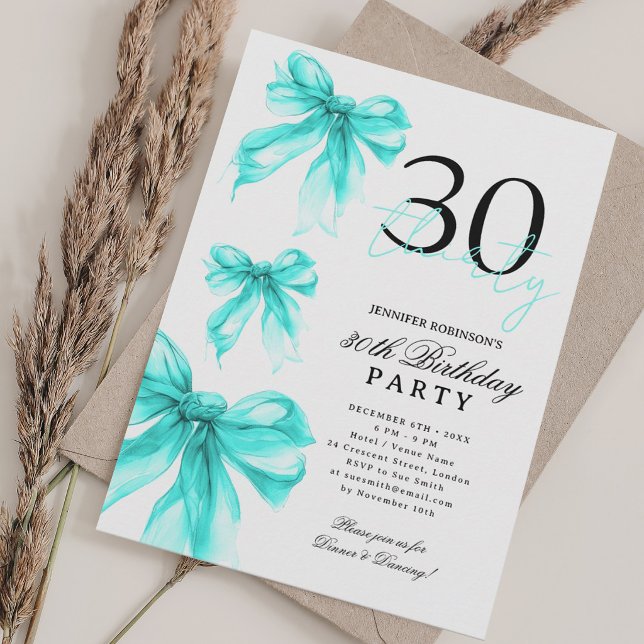 Invitation Turquoise Aquarelle Coquette Nœud 30e Anniversaire (Créateur téléchargé)