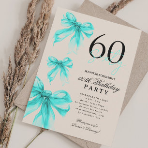 Invitation Turquoise Aquarelle Coquette Nœud 60e Anniversaire