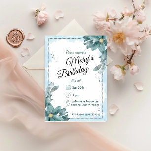 Invitation Turquoise Aquarelle Florales Anniversaire