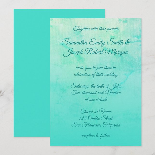 Invitation Turquoise aquarelle ombre calligraphie mariage (Devant / Derrière)