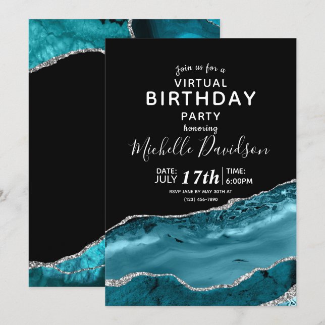 Invitation Turquoise & Argent Agate Virtual Anniversaire Invi (Devant / Derrière)