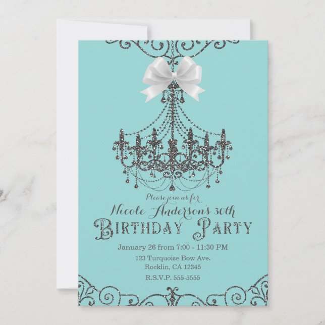 Invitation Turquoise Argent Blanc Nœud Anniversaire Tout Âge (Devant)