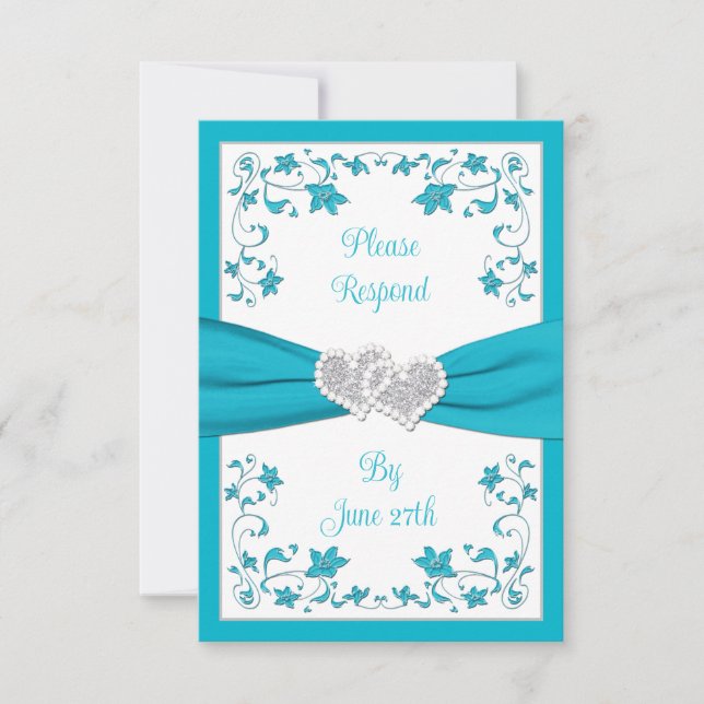 Invitation Turquoise, Argent Coeurs Amour Mariage RSVP Card 2 (Devant)