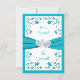 Invitation Turquoise, Argent Coeurs Amour Mariage RSVP Card 2