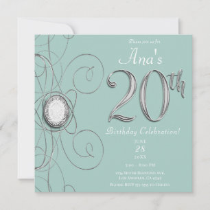 Invitation Turquoise Argent Diamant 20 Fête d'anniversaire de