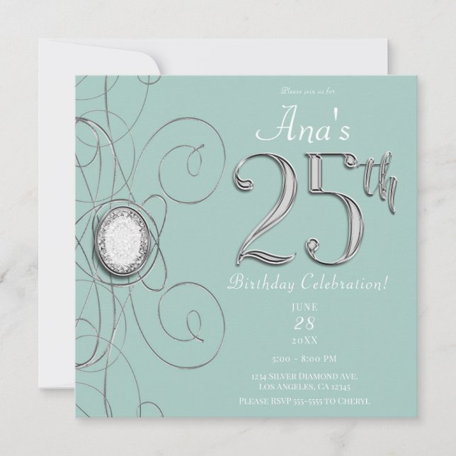 Invitation Turquoise Argent Diamant 25 Fête d'anniversaire 25 (Devant)