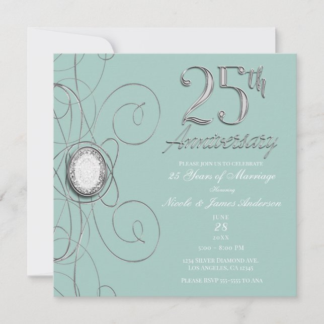 Invitation Turquoise Argent Diamant 25 Fête des 25 ans (Devant)