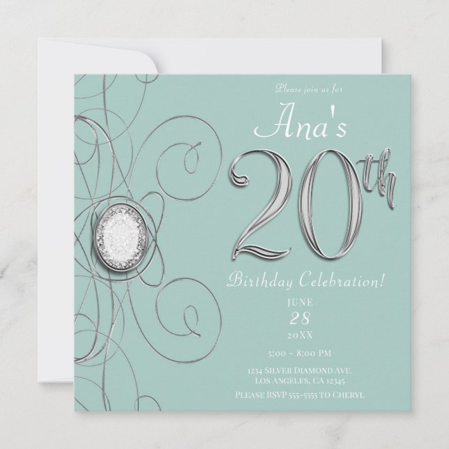 Invitation Turquoise Argent Diamant Fête des 20 ans (Devant)