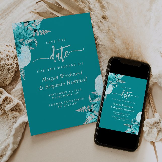 Invitation Turquoise Argent Floral Mariage Enregistrer la Dat (Créateur téléchargé)