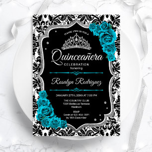 Invitation Turquoise argent noir Damas élégant Quinceanera