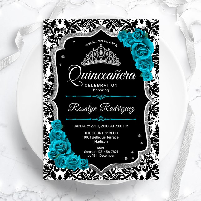 Invitation Turquoise argent noir Damas élégant Quinceanera (Créateur téléchargé)