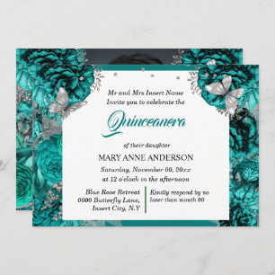 Invitation Turquoise argent PHOTO parties scintillant papillo