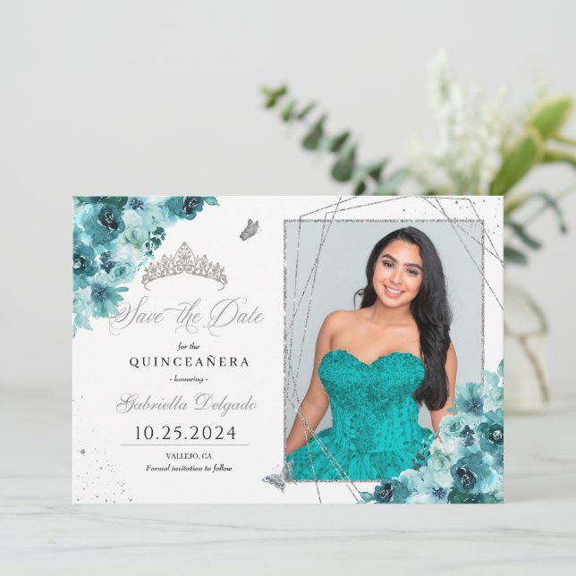 Invitation Turquoise & Argent Quinceañera Enregistrer La Date (Debout devant)