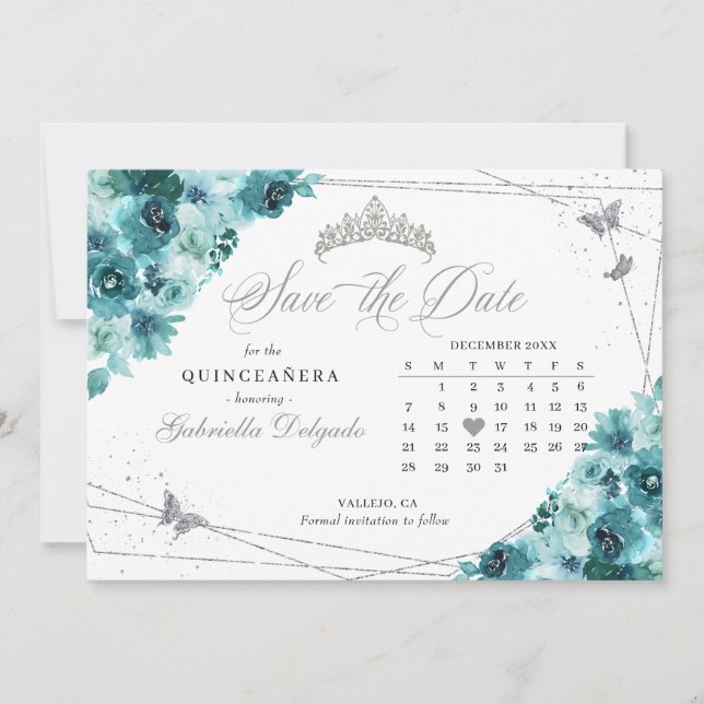 Invitation Turquoise & Argent Quinceañera Enregistrer La Date (Devant)