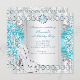 Invitation Turquoise Argent talons hauts Perle blanche fête d