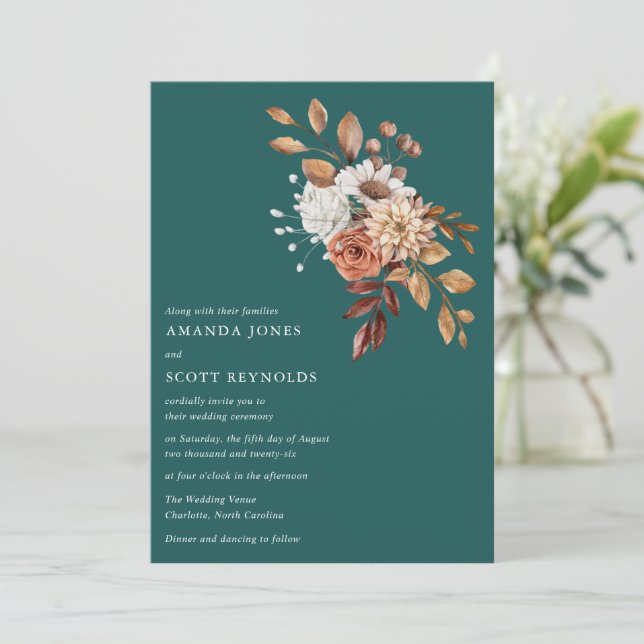 Invitation Turquoise automne Floral moderne Mariage (Debout devant)
