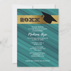 Invitation Turquoise avec Gold et Graduation Cap Party