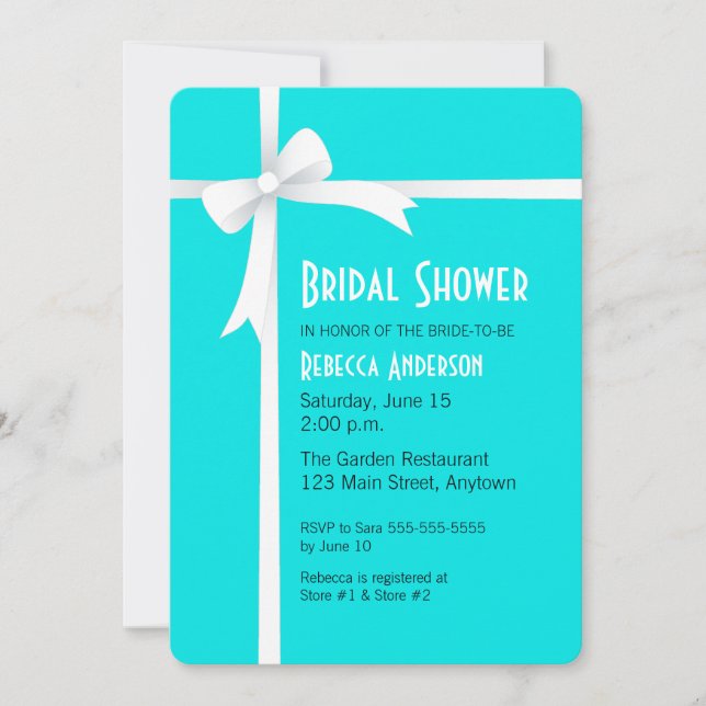Invitation Turquoise avec ruban blanc et Fête des mariées à m (Devant)
