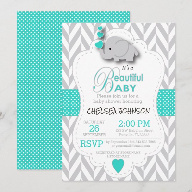 Invitation Turquoise, Baby shower d'éléphant gris blanc (Devant / Derrière)