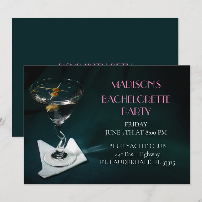 Invitation Turquoise Bachelorette Martini fête nuptiale (Devant / Derrière)