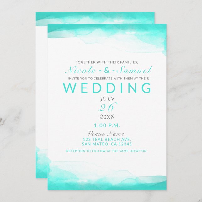 Invitation Turquoise Beach Aqua Bleu Aquarelle Mariage modern (Devant / Derrière)