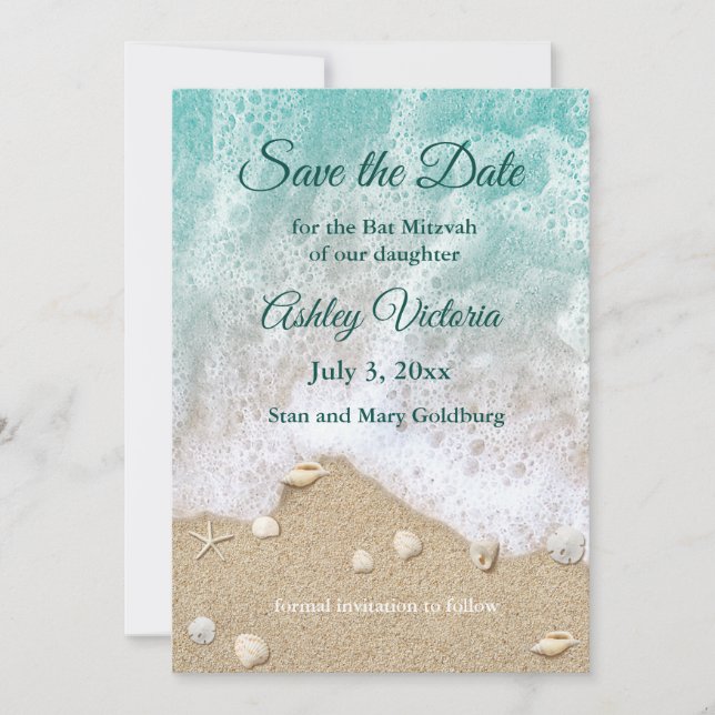 Invitation Turquoise Beach Waves Bat Mitzvah Save the Date (Devant)