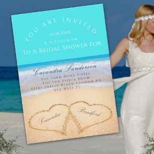 Invitation Turquoise Beach Wedding 2 Hearts Sand Fête des mar