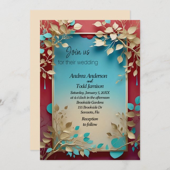 Invitation Turquoise beige feuille rouge cadre mariage (Devant / Derrière)