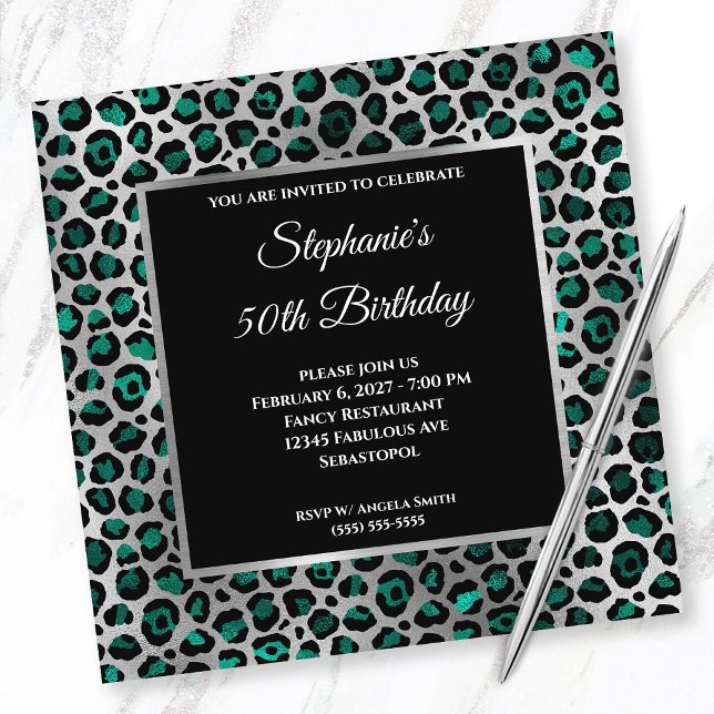 Invitation Turquoise Black and Silver Leopard Glam 50e annive (Créateur téléchargé)