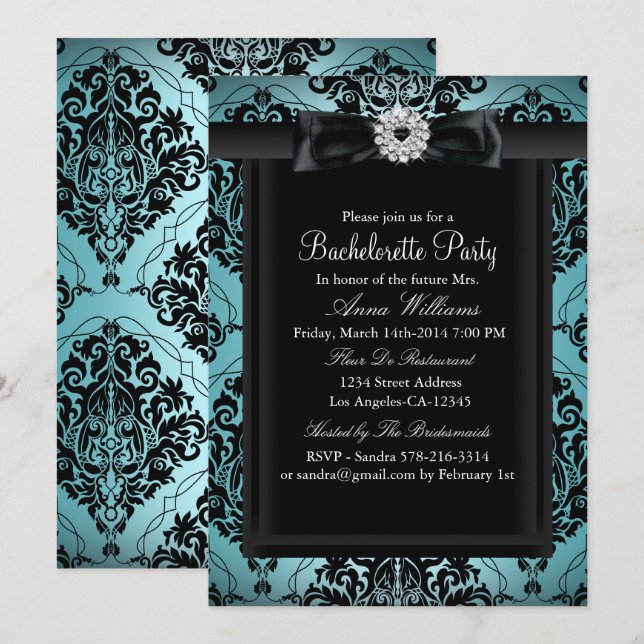 Invitation Turquoise & Black Chic Damask Bachelorette Party (Devant / Derrière)