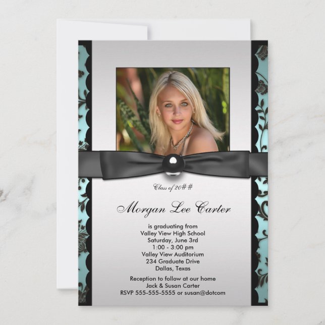 Invitation Turquoise Black Damask Photo Graduation (Devant)