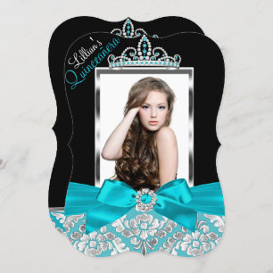 Invitation Turquoise Black Damask & Tiara Photo Quinceanera I