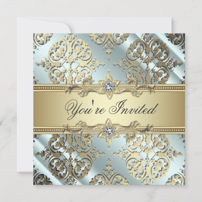 Invitation Turquoise Black Gold Damask Party (Devant)