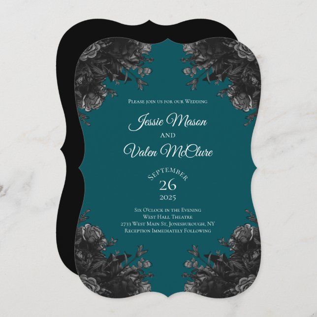 Invitation Turquoise Black Grey Rose Gothique Mariage élégant (Devant / Derrière)