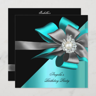 Invitation Turquoise Black Grey Silver Bow Pearl fête d'anniv