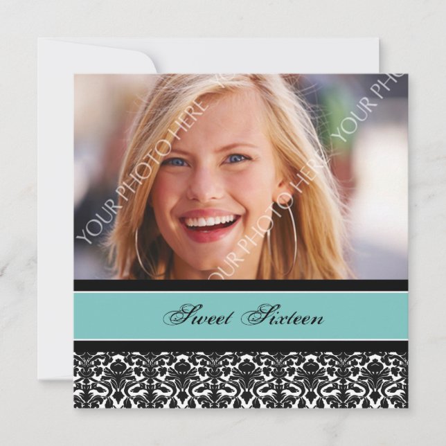 Invitation Turquoise Black Photo 16th Birthday Party Invitati (Devant)