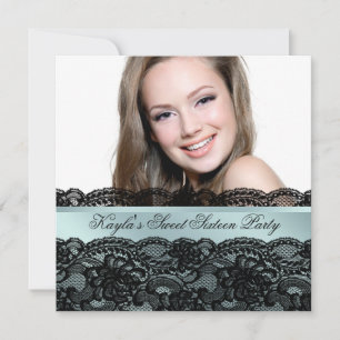 Invitation Turquoise Black Photo Sweet sixteen fête d'anniver