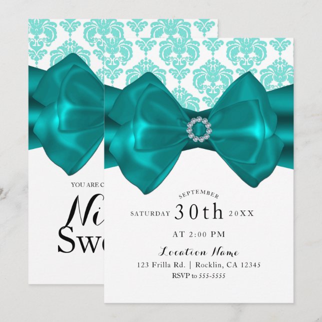 Invitation Turquoise & blanc Damas Bow Glam Chic Sweet 16 Par (Devant / Derrière)
