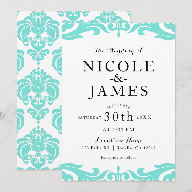 Invitation Turquoise & blanc Damask Chic Elegant Minimal Mari (Devant / Derrière)