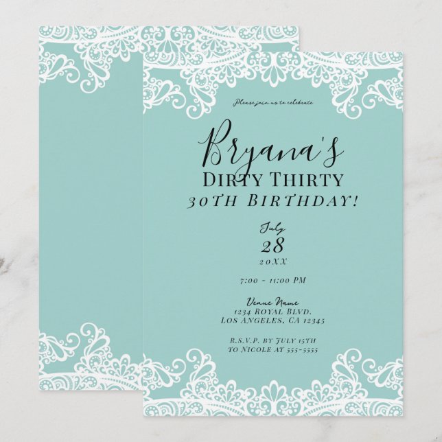 Invitation Turquoise Blanc Dentelle Sale 30 30e Anniversaire (Devant / Derrière)