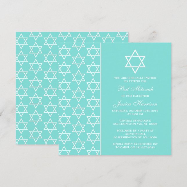 Invitation Turquoise & Blanc Juive Star De David Bat mitzvah (Devant / Derrière)