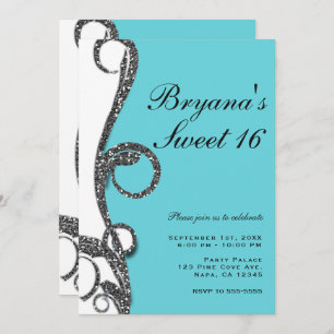 Invitation Turquoise blanc Parties scintillant Argent Swirl S