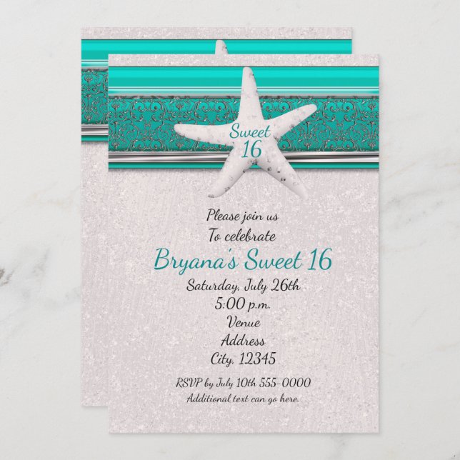 Invitation Turquoise & blanc Starfish Beach Sweet 16 Invitati (Devant / Derrière)