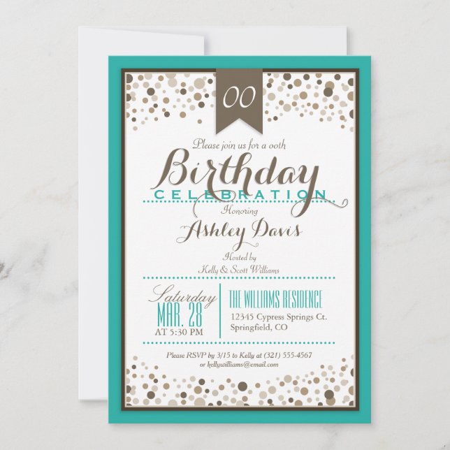 Invitation Turquoise, Blanc & Taupe fête d'anniversaire moder (Devant)
