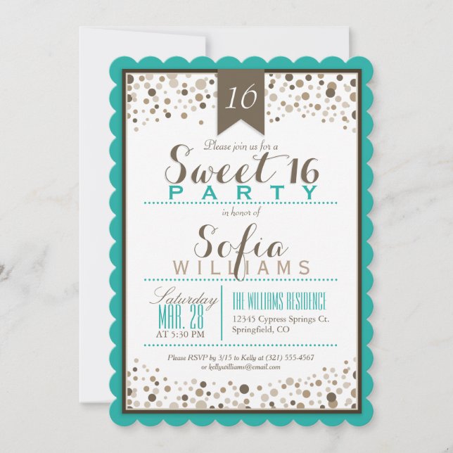 Invitation Turquoise, Blanc & Taupe Sweet 16 Party (Devant)