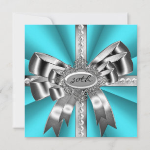 Invitation Turquoise bleu Aqua Bow Argent 30e Black White Gem